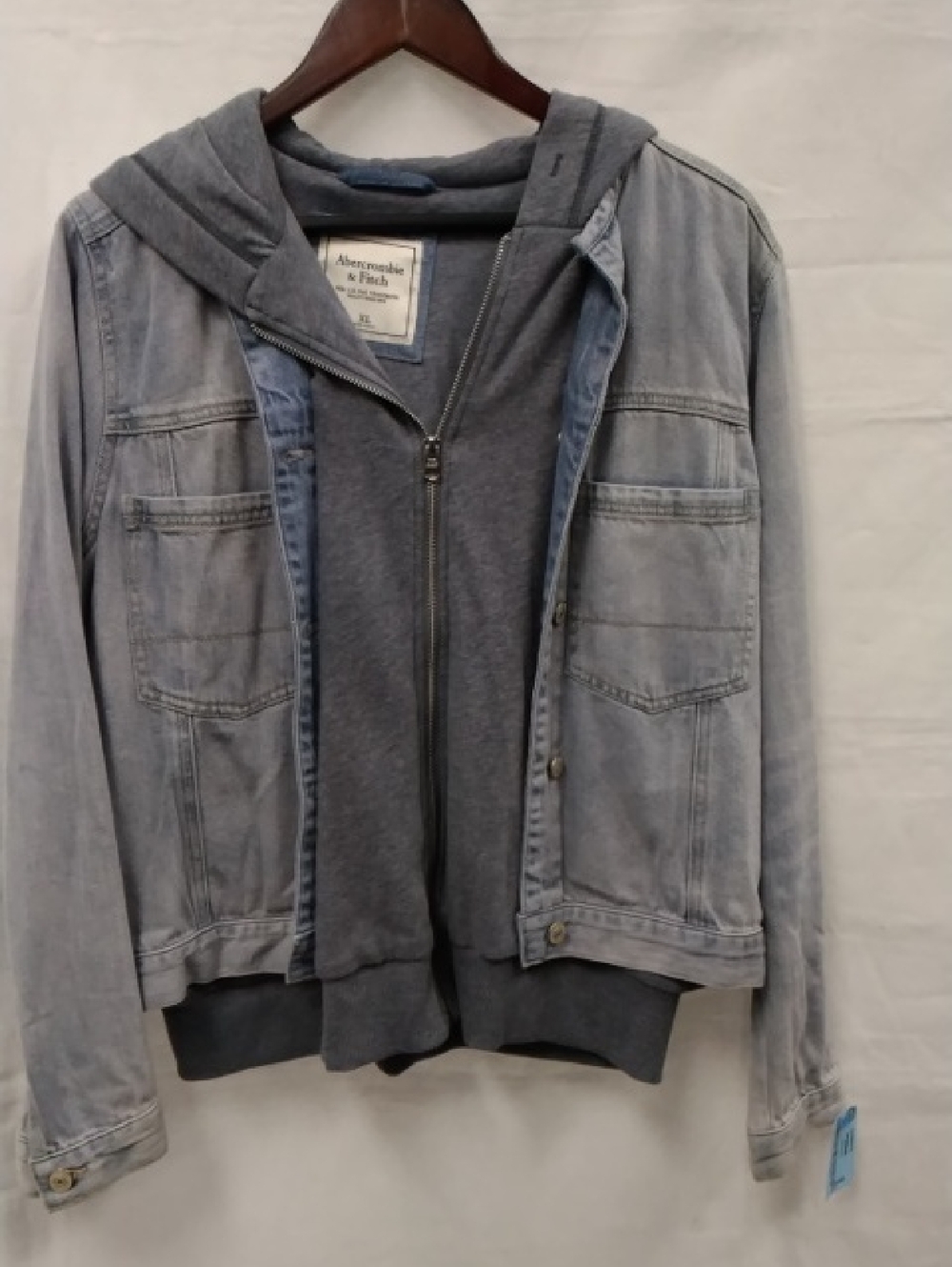 Abercrombie & Fitch Light Blue Denim Jacket with Gray Hoodie Liner